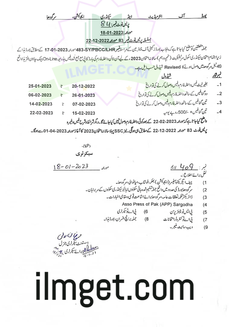 9th Class Sargodha Board date sheet