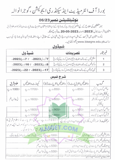 1st Year Date Sheet 2023 Gujranwala Board