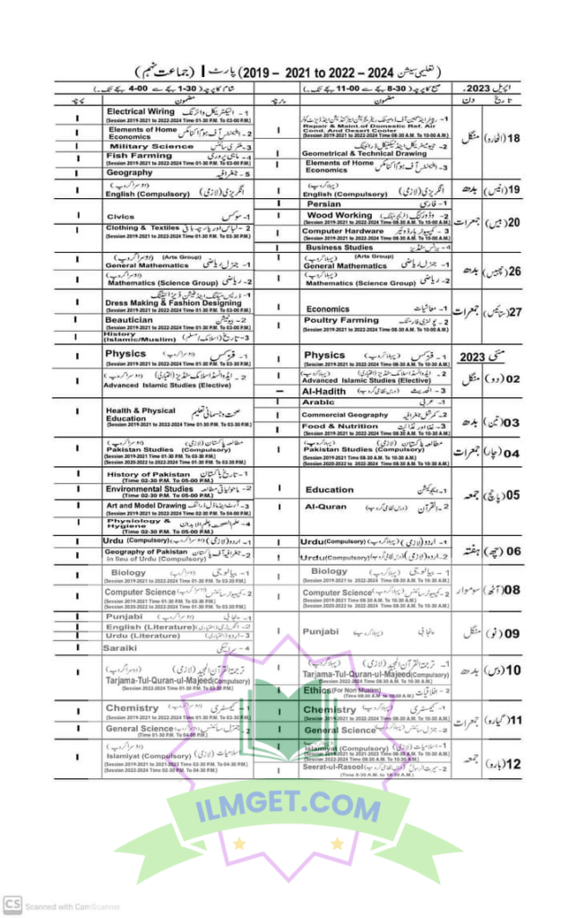 9th Class Date Sheet 2023 BISE Sargodha Board