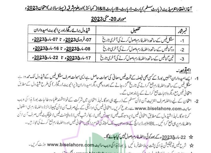 All Punjab Board 11th class date sheet 2024