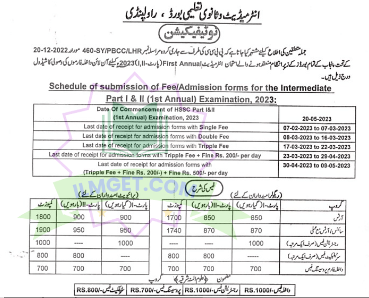 12th Class 2nd Year Date Sheet 2023 BISE Rawalpindi Board