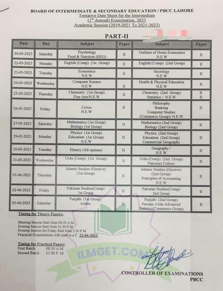 2nd Year 12th Class date sheet 2024 BISE Faisalabad Board