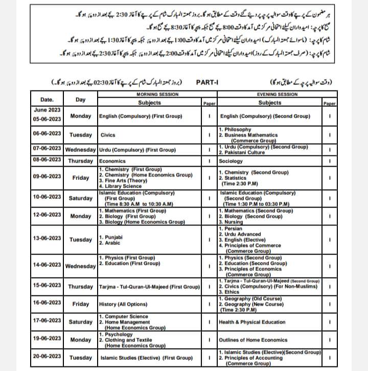 Sahiwal board 11th Class Date Sheet 2023