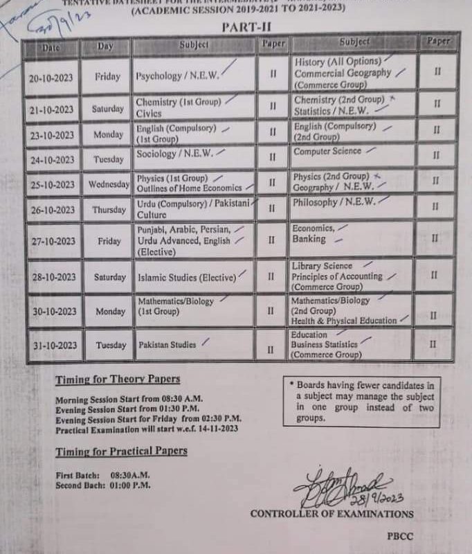 2nd Year Supplementary date sheet 2023