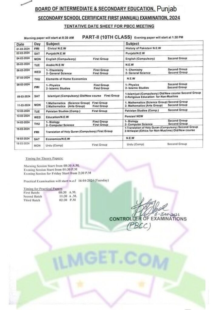 10th Class Date Sheet 2024 All Punjab Board