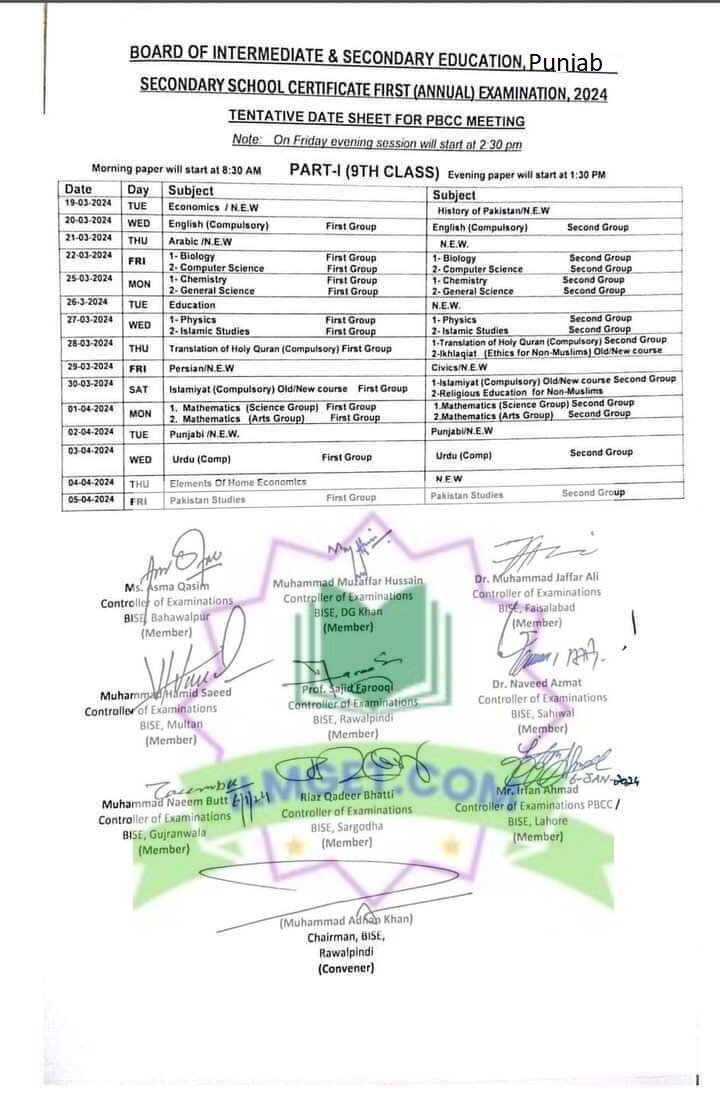 9th Class date sheet Sahiwal Board 2024